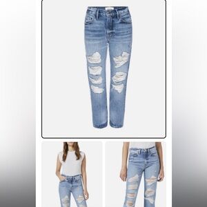 Frame Denim Blue Straight Leg Jeans with Distressed Details